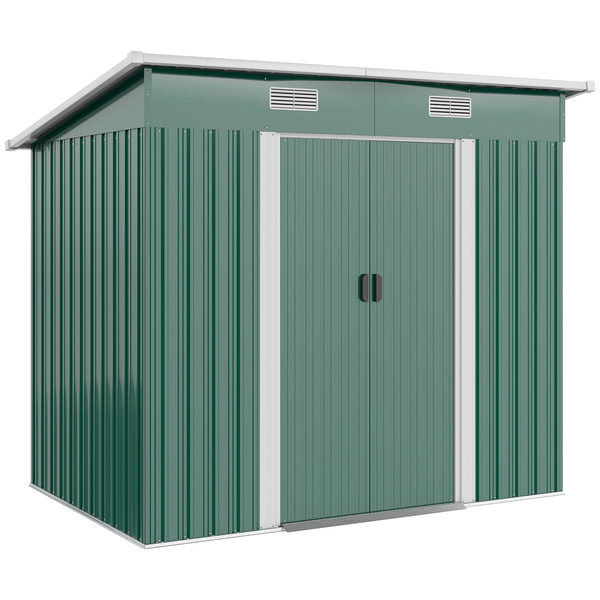 Outsunny 7 x 4ft Outdoor Storage Shed with Foundation Kit, Lean to Metal Garden Shed for Log, Rubbish Bin, Tool, Lawnmower, Bike, Patio and Lawn Use, Green