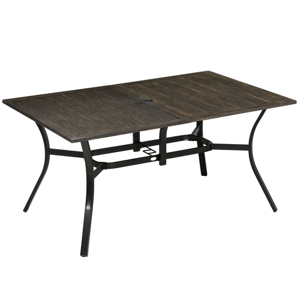 Outsunny Six-Seater Steel Garden Table, with ⌀41mm Parasol Hole - Wood-Effect