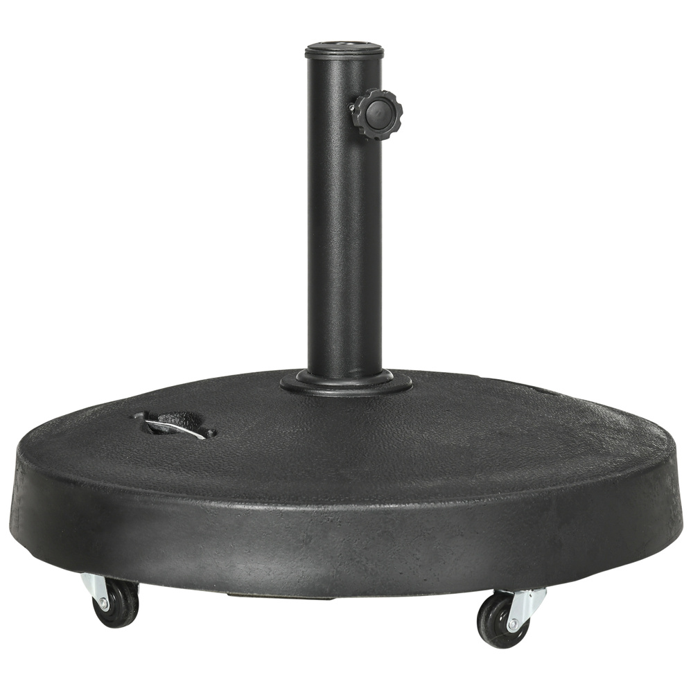 Outsunny 25kg Resin Garden Parasol Base with Wheels and Retractable Handles, Round Outdoor Market Umbrella Stand Weight for Poles of Φ38mm to Φ48mm, Black