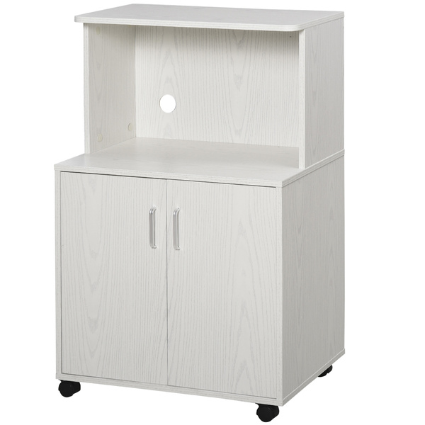 HOMCOM Kitchen Storage Unit, Modern Microwave Stand Trolley Cart, Sideboard with Cabinet,  Locking Wheels, Shelf for Living Room, Dining Room, White