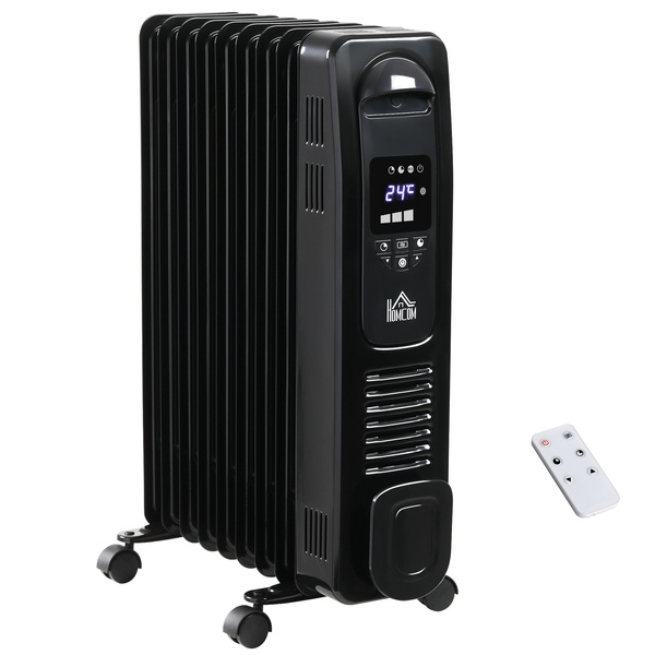HOMCOM 2000W Digital Oil Filled Radiator, 9 Fin, Portable Electric Heater with LED Display, 24-Hour Timer, 3 Heat Settings, Safety Cut-Off and Remote Control, Black