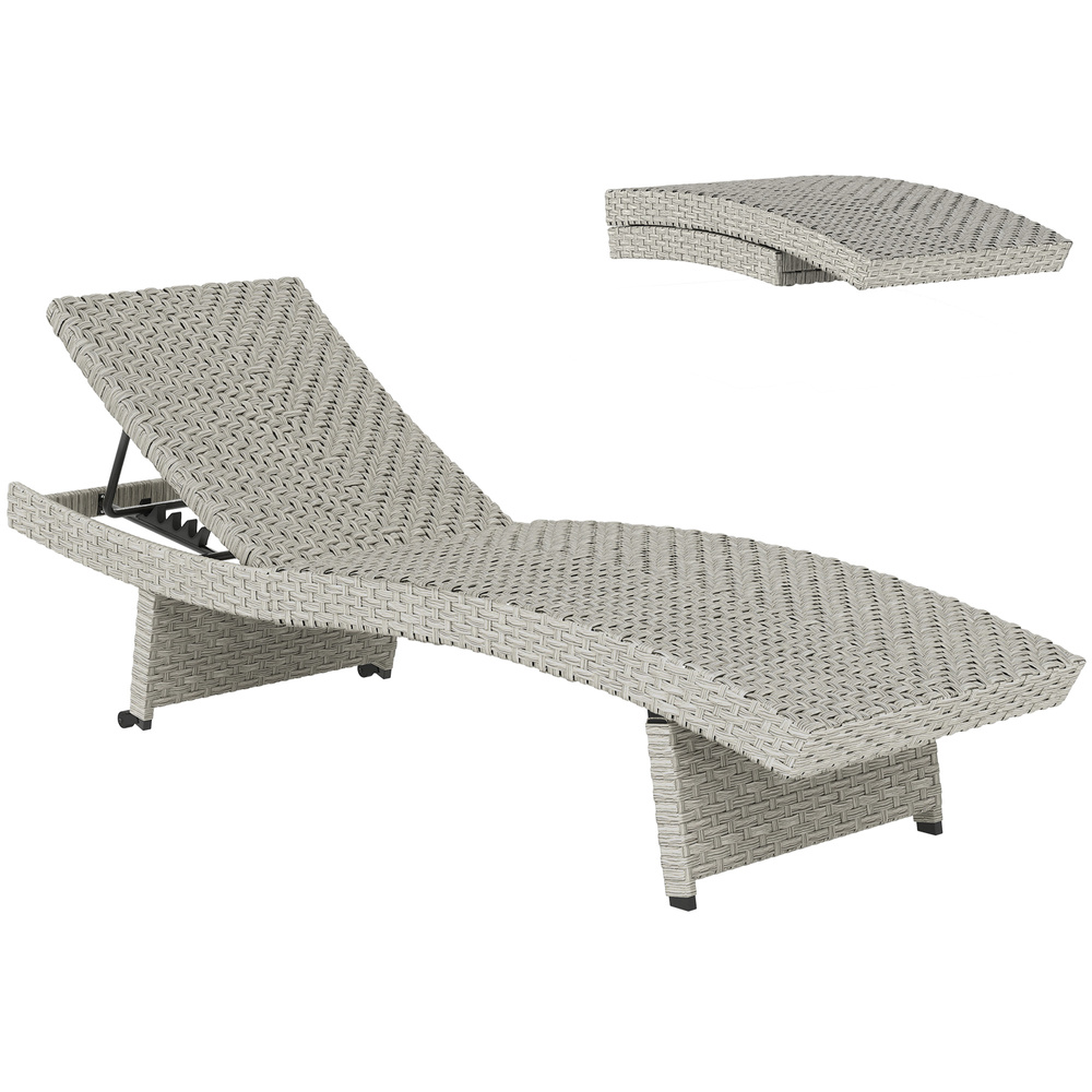 Outsunny Outdoor PE Rattan Sun Lounger, Folding Wicker Garden Lounger Recliner with 4-Level Adjustable Backrest, Rolling Sunbed Lounge Chair with Wheels, Non-Slip Legs for Balcony, Beach, Grey