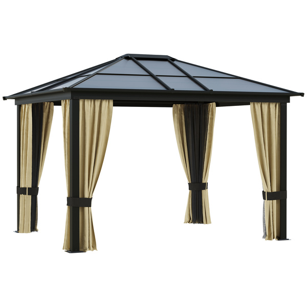 Outsunny 3 x 3.6(m) Hardtop Gazebo Canopy with Polycarbonate Roof and Aluminium Frame, Garden Pavilion with Mosquito Netting and Curtains, Brown