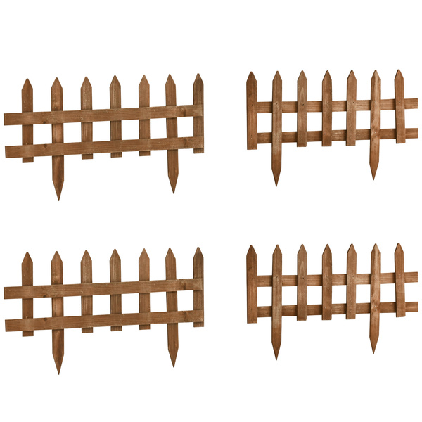 Outsunny Pack of 24 Wooden Border Fences, Garden Fixed Picket Fence for Lawn Edging, Flowerbed, 60L x 1D x 34H cm, Brown