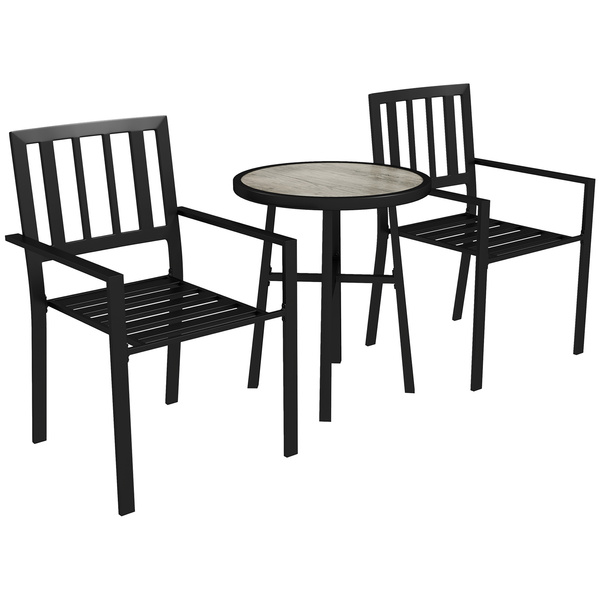 Outsunny 3 Piece Patio Bistro Set with Plastic Top, 2 Stackable Chairs, Galvanised Steel Frame, Grey