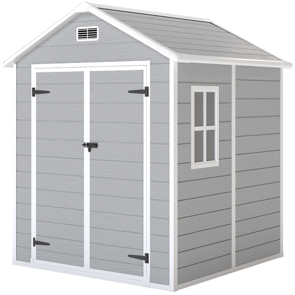 Outsunny 6 x 5ft Garden Shed, Plastic Shed with Floor, Window, Lockable Doors and Vents, Wood Effect Resin Tool Shed for Outdoor Patio, Light Grey
