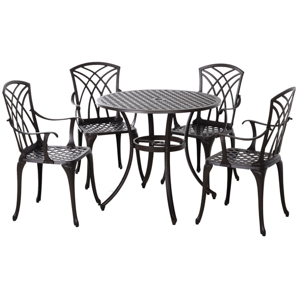 Outsunny 5 Pieces Garden Dining Set for 4, Cast Aluminium Outdoor Dining Set with 4 Armchairs and Round Dining Table with Parasol Hole, Garden Furniture Set, Brown