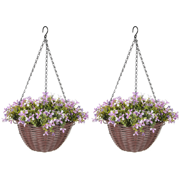 HOMCOM Artificial Flowers in Basket Set of 2, Artificial Hanging Baskets with 75 Leaves and 15 Flowers in Pot, Decorative Plant for Home Office Decor, Purple