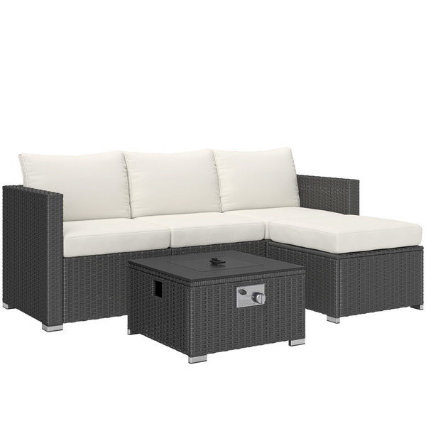 Outsunny Five Piece Rattan Garden Furniture Set with Gas Fire Pit Table and Footstool - Black and Cream White