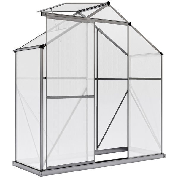 Outsunny 6 x 2.5ft Polycarbonate Greenhouse Walk-In Green House with Rain Gutter, Sliding Door, Window, Foundation, Dark Grey