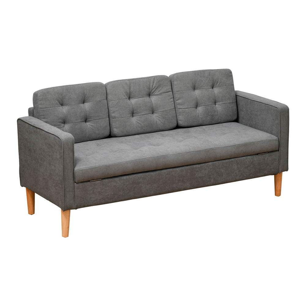 HOMCOM Modern 3 Seater Sofa with Hidden Storage, 169cm Tufted Snow Flannel Couch with Wood Legs, Compact Sofa for Living Room, Grey