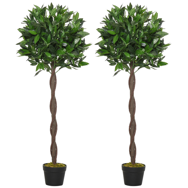 Outsunny Artificial Bay Laurel Topiary Trees w/ Pot Fake, Set Of 2 120cm/4FT Indoor Greenery Plant Home Office Garden Decor Green