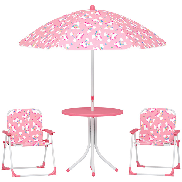 AIYAPLAY Kids Patio Table and Chair Set, Kids Garden Furniture with Umbrella, 4-Piece Bistro Set for Garden, Pink