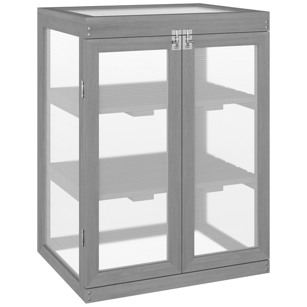 Outsunny 3-tier Wood Greenhouse Garden Polycarbonate Cold Frame Grow House w/ Storage Shelf, Dark Grey