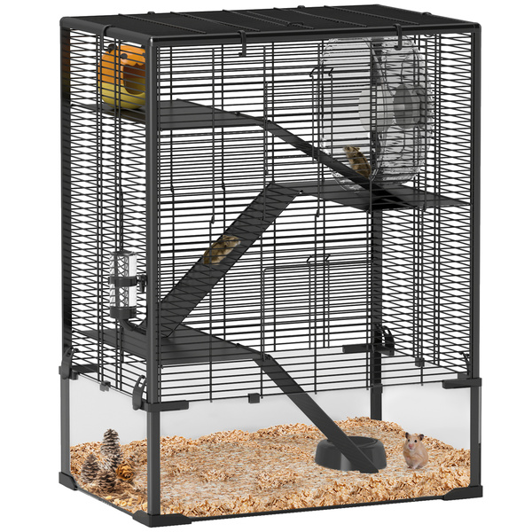 PawHut Four-Tier Hamster Cage with Deep Tempered Glass Bottom, Hut, Running Wheel, Food Dish, Water Bottle, 60 x 40 x 80cm