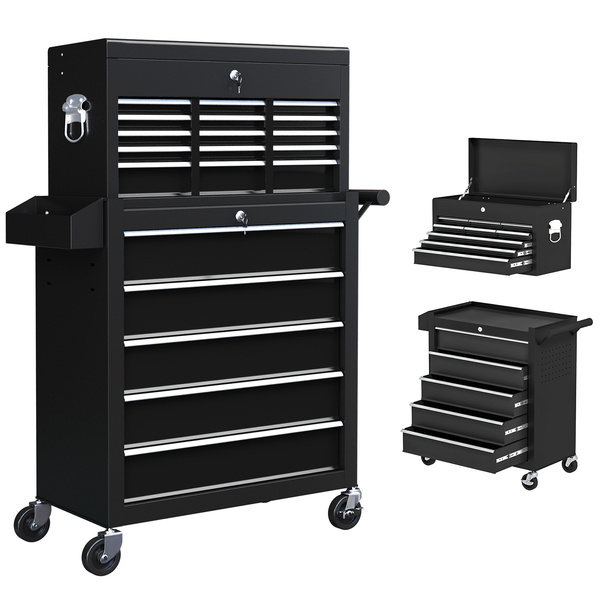HOMCOM 14 Drawer, Two-Part Tool Storage Chest on Wheels - Black
