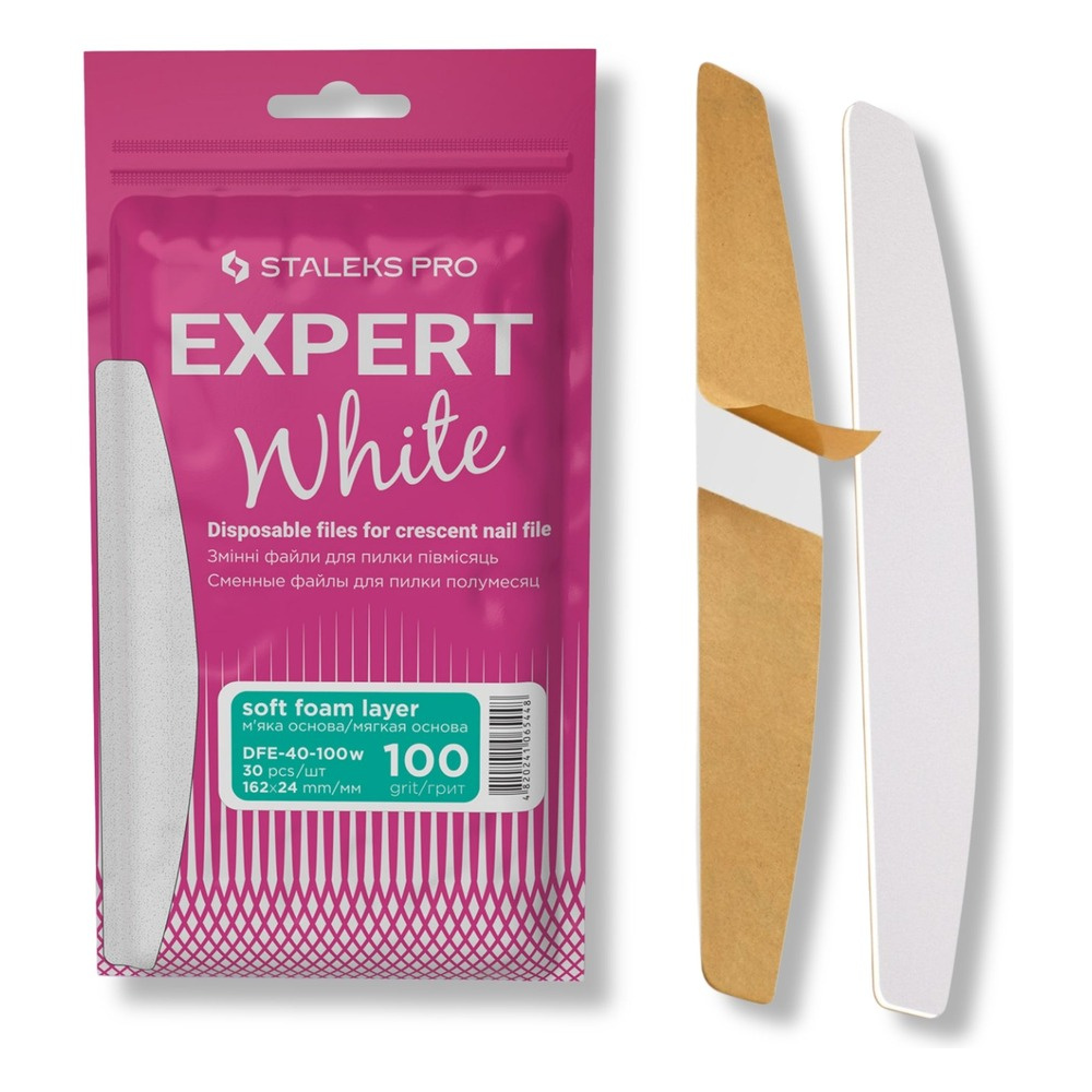 Staleks Pro Expert 40 White Disposable Crescent Nail File Refills on a Soft Foam Layer 100 Grit DFE-40-100w 30pcs