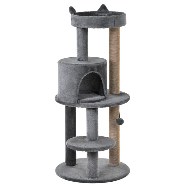 PawHut 104 cm Cat Tree, Cat Condo Tree Tower, Cat Activity Centre with Scratching Posts, Plush Perches, Hanging Ball - Grey