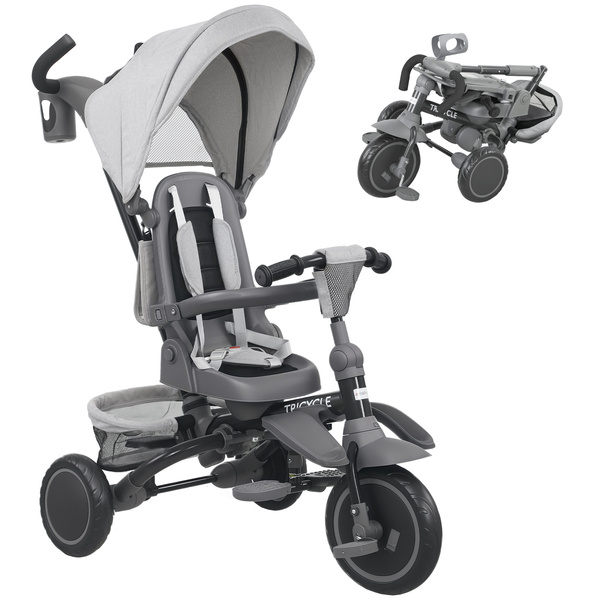 AIYAPLAY 6 in 1 Foldable Kids Trike with Adjustable Parent Handle & Canopy for Ages 1-5, Grey