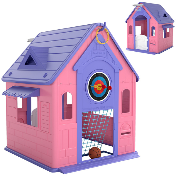 AIYAPLAY 5-in-1 Playhouse for Kids Outdoor Indoor with Basketball Hoop, Football Goal, Dartboard, Ring Toss for 2-5 Years, Pink