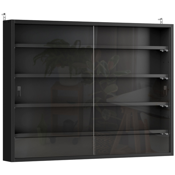 HOMCOM 5-Tier Wall Display Shelf Unit Cabinet w/ 4 Adjustable Shelves Glass Doors Home Office Ornaments 60x80cm Black