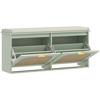 HOMCOM Boho Shoe Bench with Padded Seat and 2 Flip-Drawers - Light Green