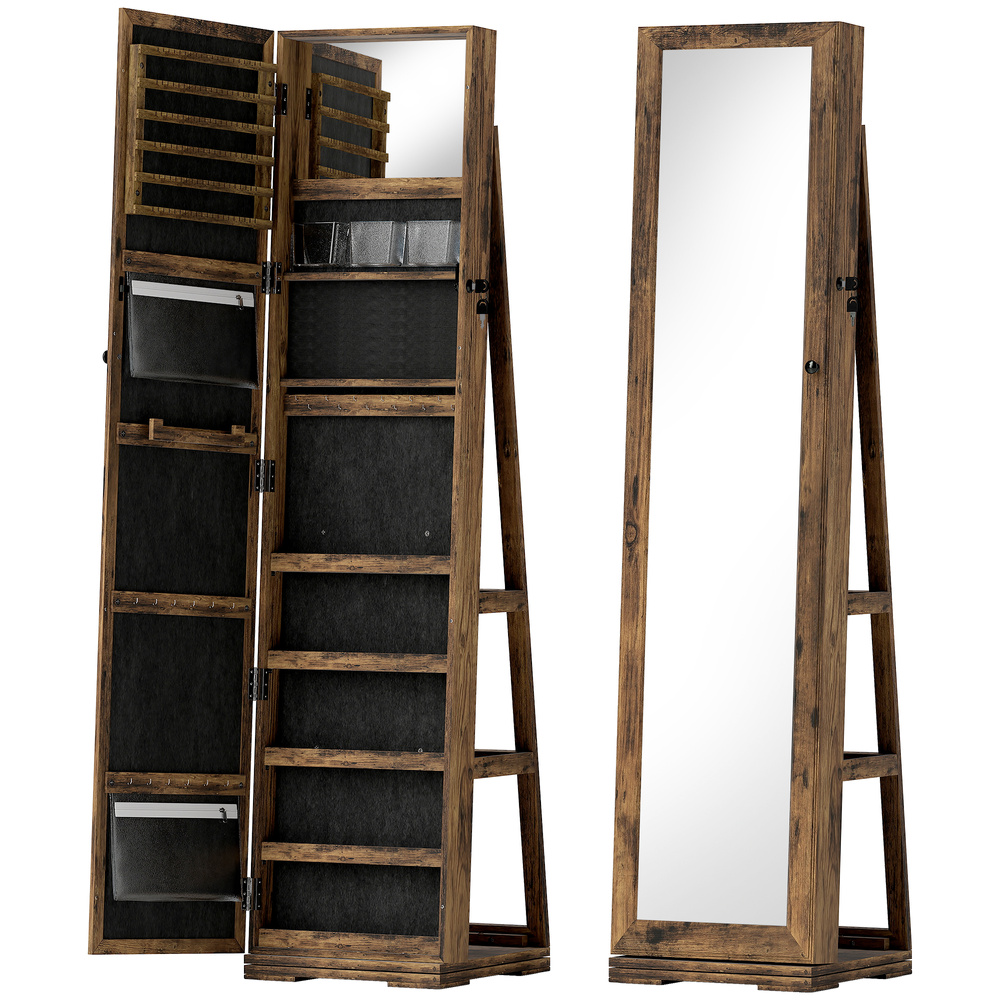 HOMCOM 360° Swivel Jewellery Cabinet, Free Standing Full Length Mirror with Storage, Lockable Jewellery Organiser with Built-in Makeup Mirror and Storage Shelves for Bedroom, Rustic Brown