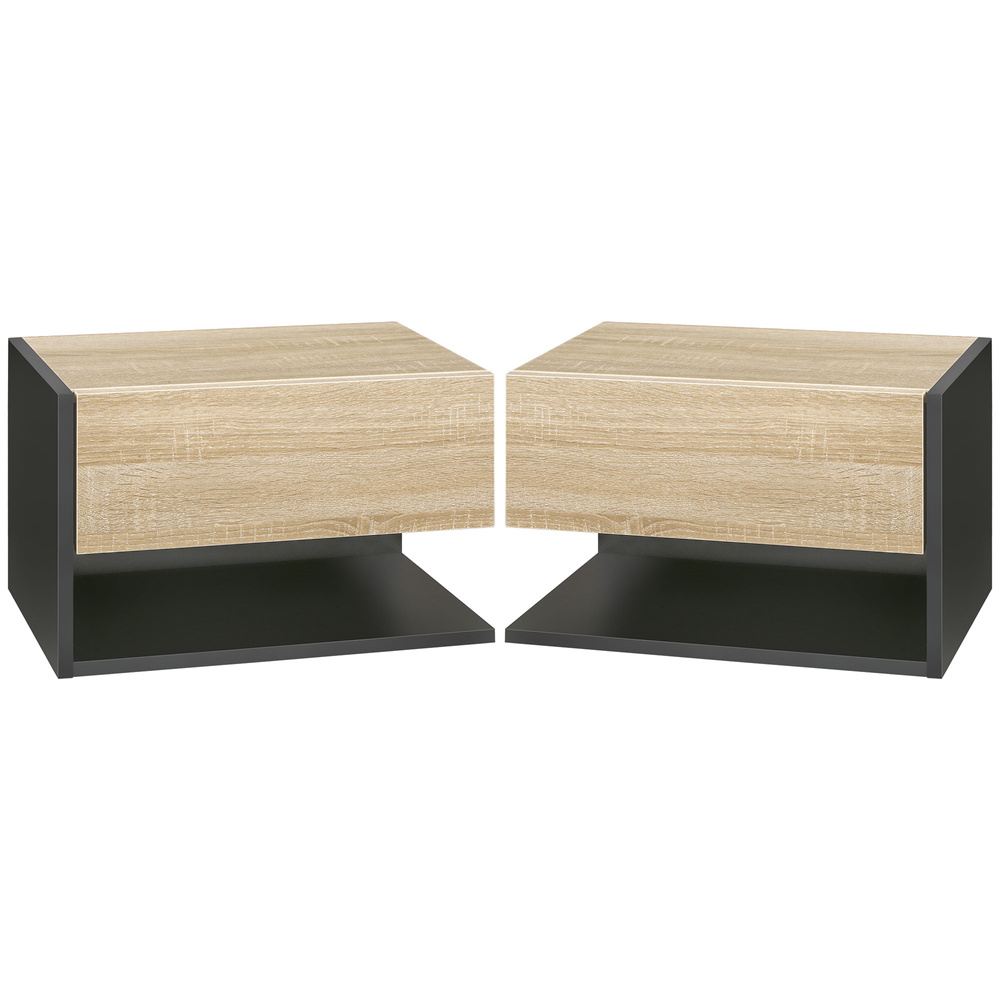 HOMCOM Floating Bedside Table Set of 2, Wall Mounted Bedside Cabinet with Drawer and Open Shelf, Modern Nightstand for Bedroom, 46 x 30 x 30 cm, Oak Tone