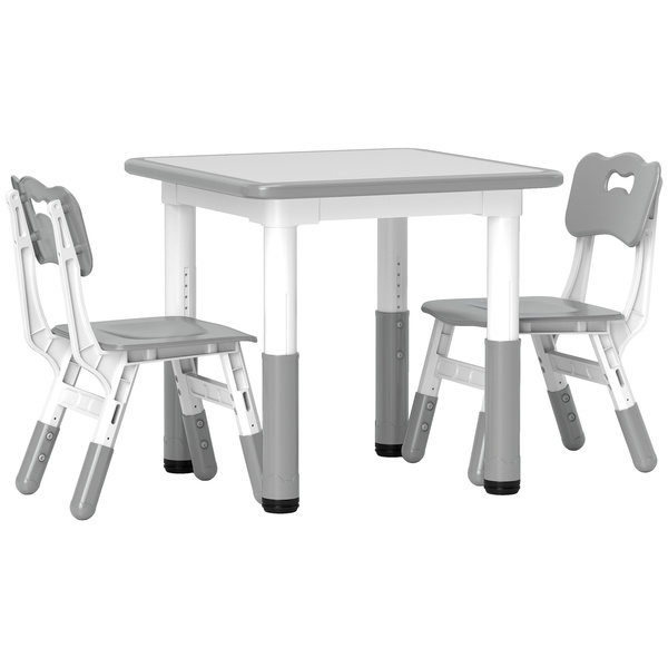 AIYAPLAY Height Adjustable Toddler Table and Chair Set, 3 Pcs Children Activity Table w/ 2 Chairs, for Playroom, Bedroom - Grey