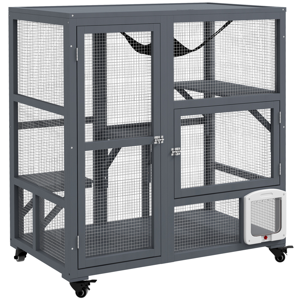 PawHut Cat House, Wooden Indoor Catio Cat Enclosure on Wheels, Wooden Kitty Cage with Platforms, Hammock, Light Grey