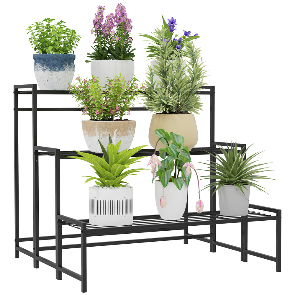 Outsunny Three-Tier Metal Plant Shelf - Black