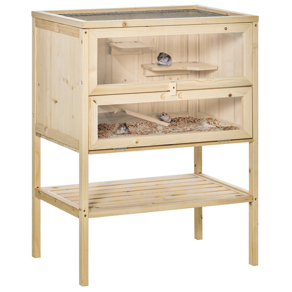 PawHut Wooden Hamster Cage with Storage Shelf, Small Animal Exercise Play House with Openable Top, Ramp for Gerbils, Drawf Hamsters, 60 x 40 x 80 cm - Natural