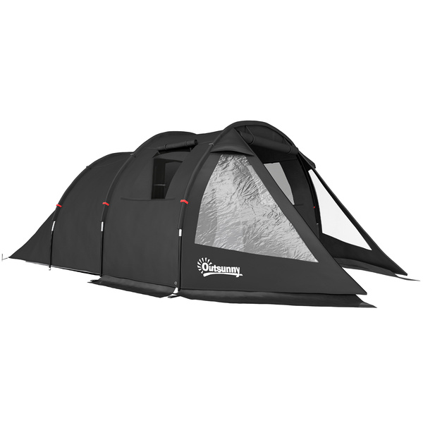Outsunny 3-4 Man Tunnel Tent, Two Room Camping Tent with Windows, Portable Carry Bag, for Fishing, Hiking, Sports, Festival - Black