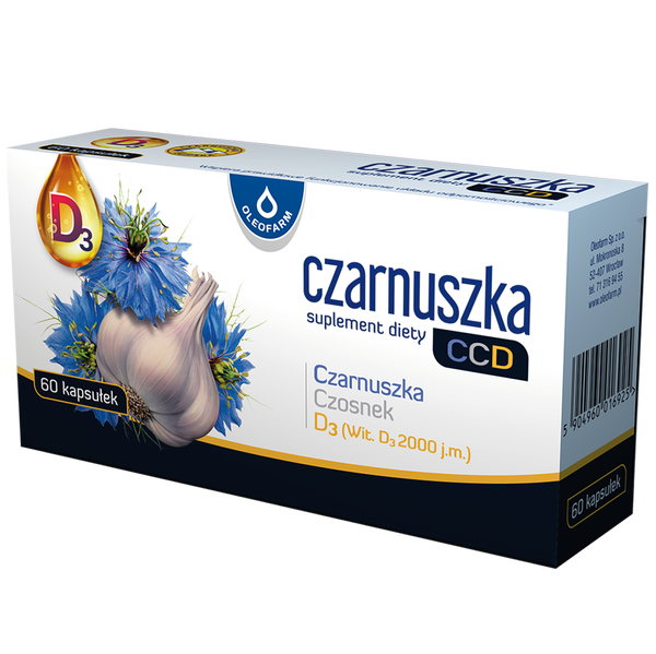 Oleofarm Czarnuszka Czosnek i Witamina D3 Wspiera Odporność 60 Kapsułek