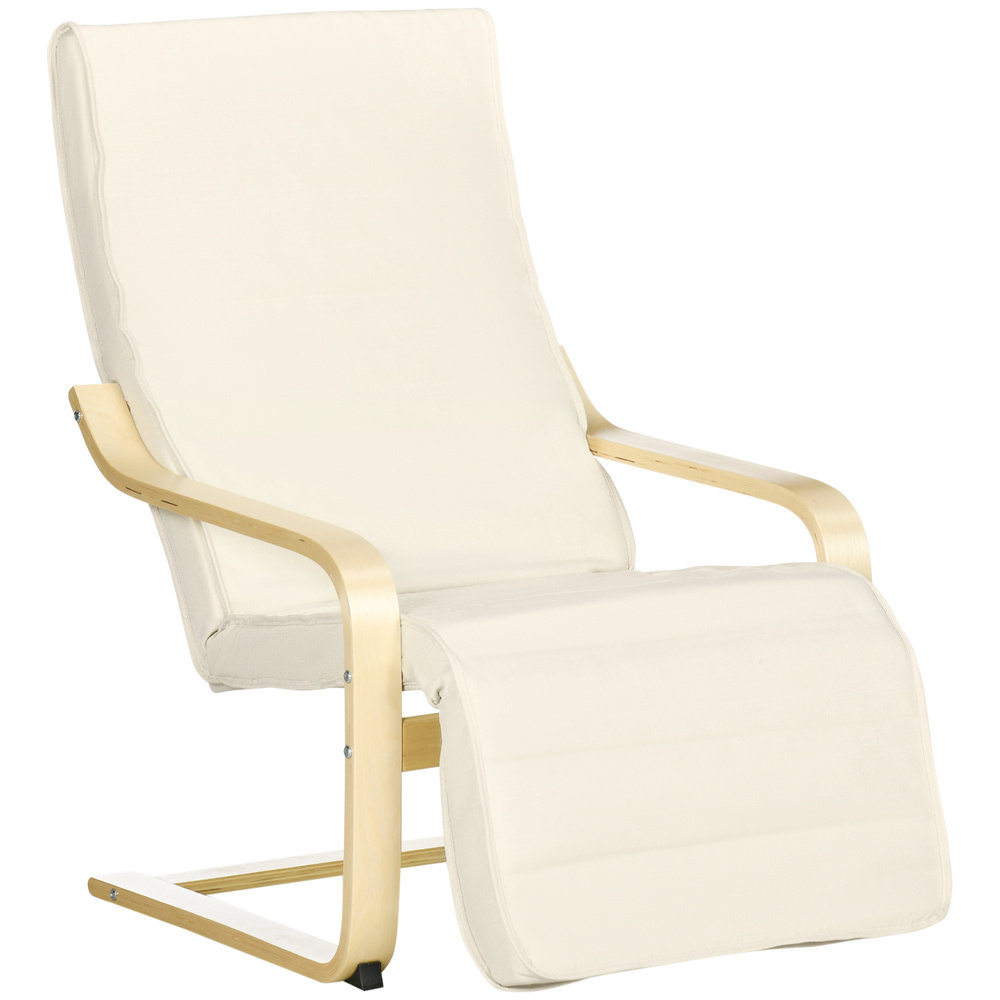 HOMCOM Wooden Armchair, Upholstered Linen Lounge Chair with Adjustable Footrest & Removable Cushion, Poang Chair for Living Room, Cream White