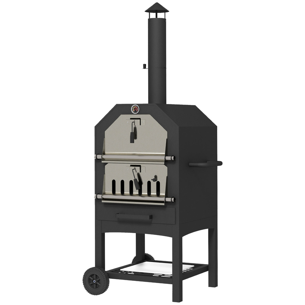 Outsunny Steel 3-Tier Outdoor Pizza Oven Charcoal BBQ Grill, Black