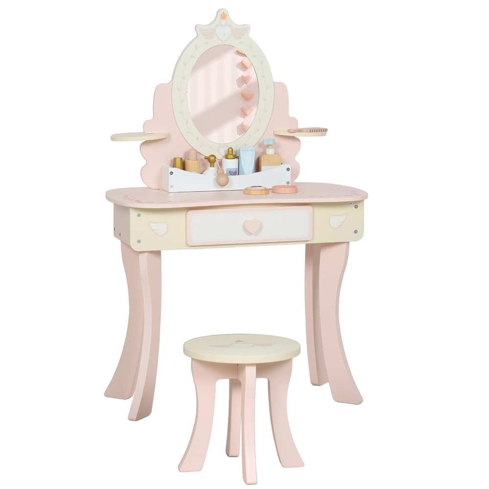 AIYAPLAY Kids Dressing Table, Girls Vanity Set with Mirror and Stool, 7 Play Accessories, Drawer, Desktop Storage, Pink