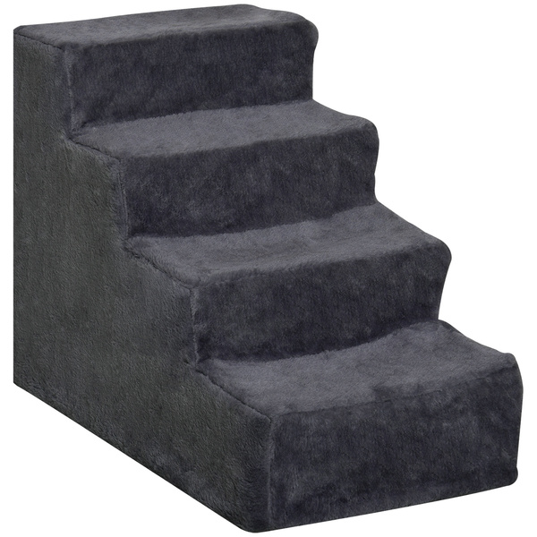 PawHut Four-Step Dog Stairs, with Washable Plush Cover, for High Bed Sofa, Dog Stairs for Small Dog and Cat - Dark Grey