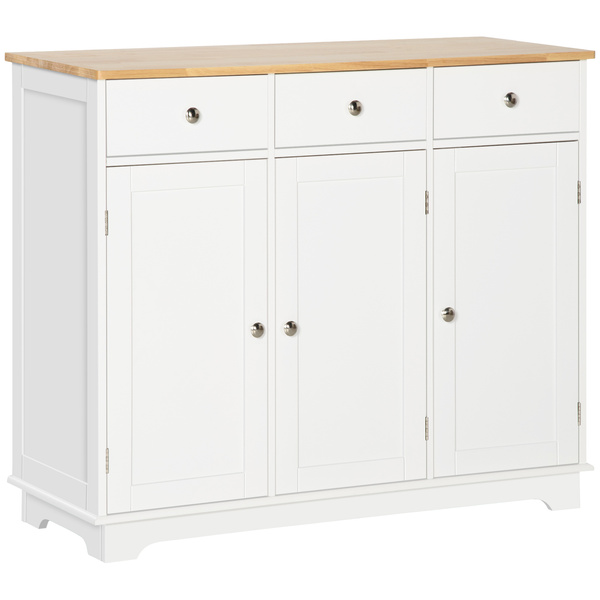 HOMCOM Sideboard with Rubber Wood Top, Modern Storage Cabinet, Kitchen Cupboard with 3 Doors, 3 Drawers and 3 Adjustable Shelves for Dining Room, Living Room, White