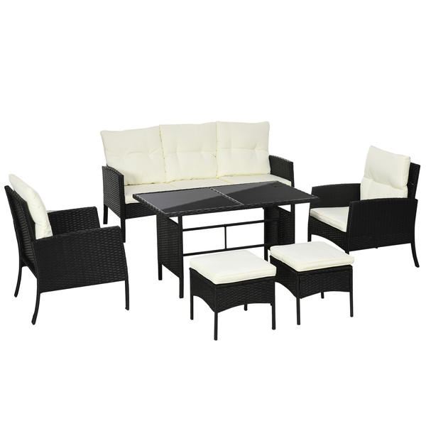 Outsunny 5 Seater Rattan Garden Furniture Set, 6 Piece Garden Sofa Set, Armchairs, 3-Seater Sofa, Footstools, Glass Dining Table, Cushions, Wicker Outdoor Furniture for Conservatory Patio, Cream