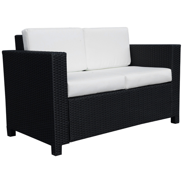 Outsunny Rattan Sofa, 2 Seater Garden Furniture with Soft Padded Cushion and Armrests, Wicker Garden Loveseat for Patio, Black
