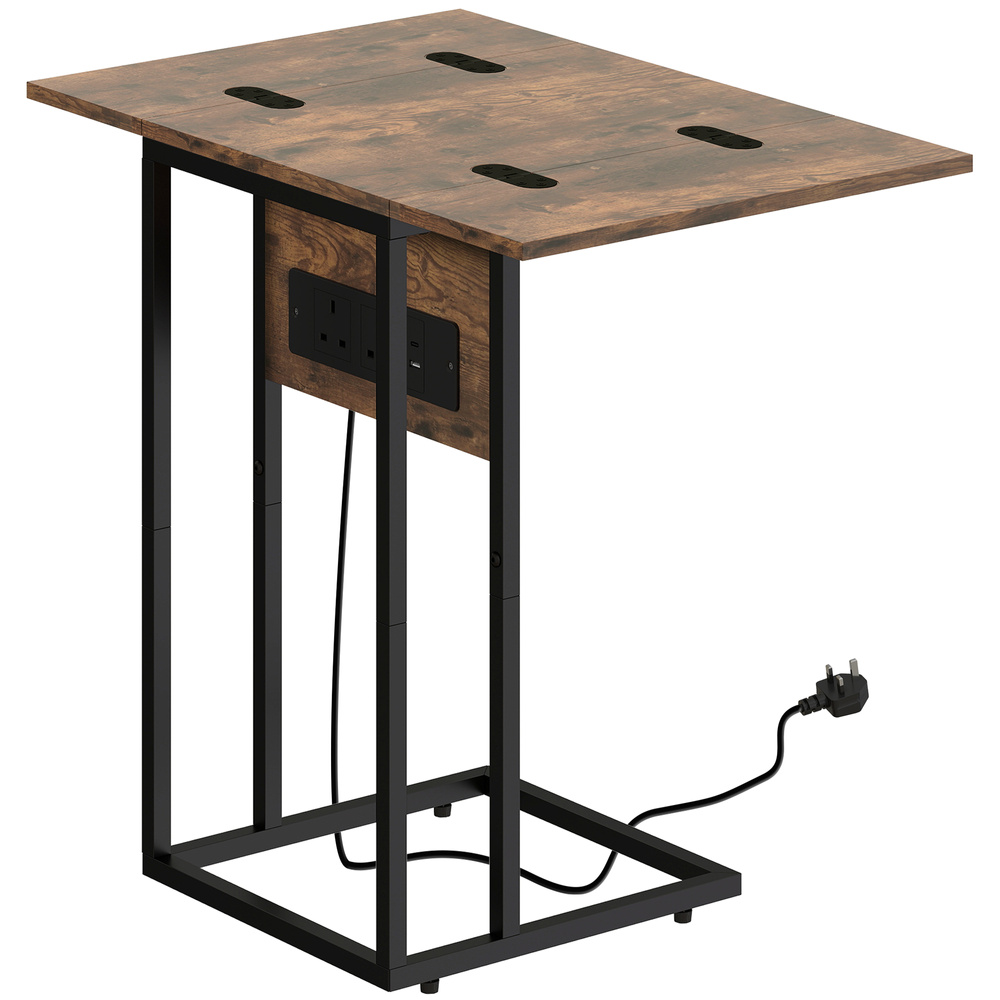 HOMCOM C Shaped Side Table with Charging Station and Foldable Top - Rustic Brown