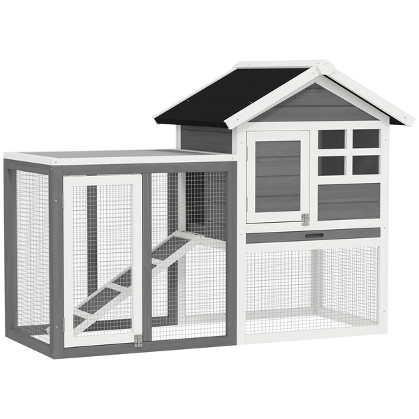 PawHut Rabbit Hutch Outdoor Wooden Guinea Pig Hutch Rabbit Run Bunny Cage Small Animal House Pull-Out Tray, Grey, 124 x 63 x 93 cm