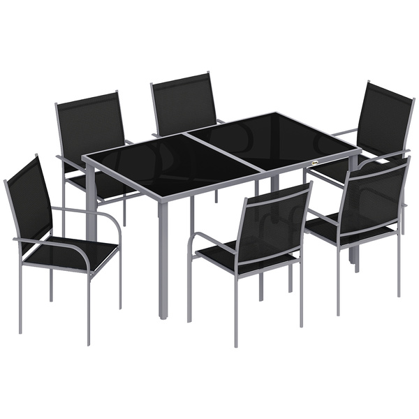 Outsunny 7 Piece Outdoor Garden Dining Set with Table and 6 Stackable Chairs, Steel Frame, Tempered Glass Top, Mesh Seats, Black