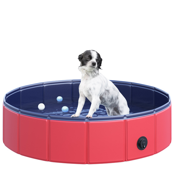 PawHut Foldable Dog Pool, 80 x 20 cm Pet Paddling Pool with Wood Board Support and Anti-Slip Bottom, Portable Doggy Paddling Pool for Garden and Outdoor Use, Red
