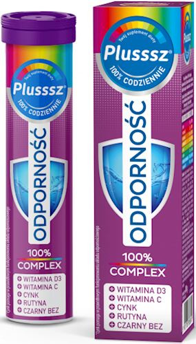 Plusssz Odporność 100% Complex Witamin D C B12 Cynku i Selenu na Odporność Tabletki Musujące o Smaku Malina Czarny Bez 20 Sztuk Best Before 27.09.26
