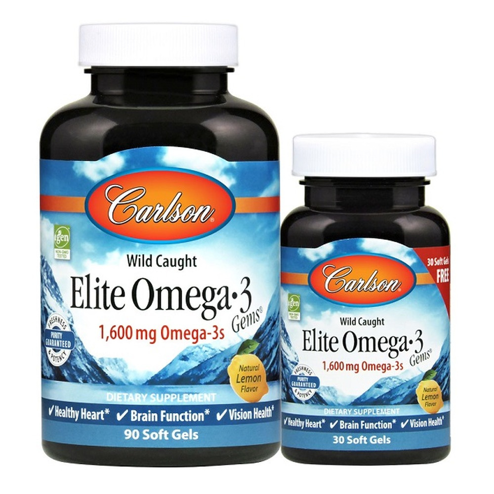 Carlson Labs Elite Omega-3 Gems Kapsułki softgel z olejem rybim, 1600mg Naturalna Cytryna 90 + 30 kapsułek softgel