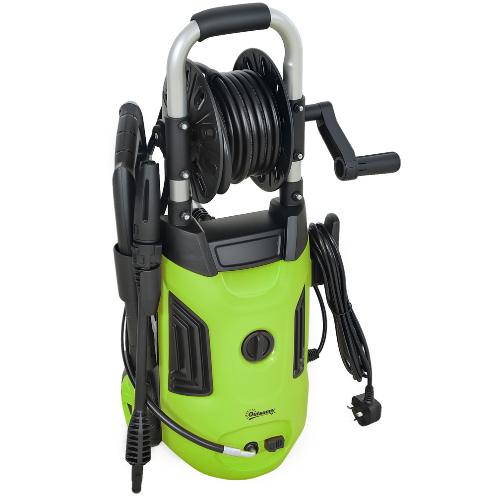 Outsunny 1800W High Pressure Washer, 150 Bar Pressure, 420 L/h Flow, Portable Power Washer Jet Wash Cleaner with Adjustable Nozzle, 6M Hose, Hose Reel, Steel Handle for Home Patio Car Driveway, Green
