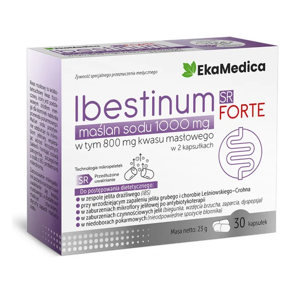 Ekamedica Ibestinum Forte SR Maślan Sodu 1000mg Mikropeletki o Przedłużonym Uwalnianiu 30 Kapsułek