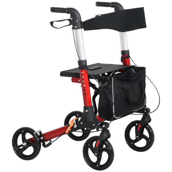 HOMCOM Folding Rollator Walker with 6 Adjustable Handle Height for People with Limited Mobility, Red